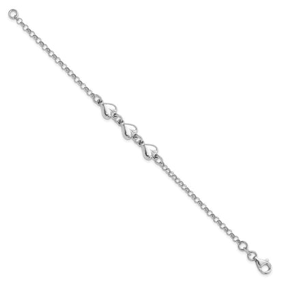 Sterling Silver Rhodium Plated Polished Triple Heart Charm Bracelet