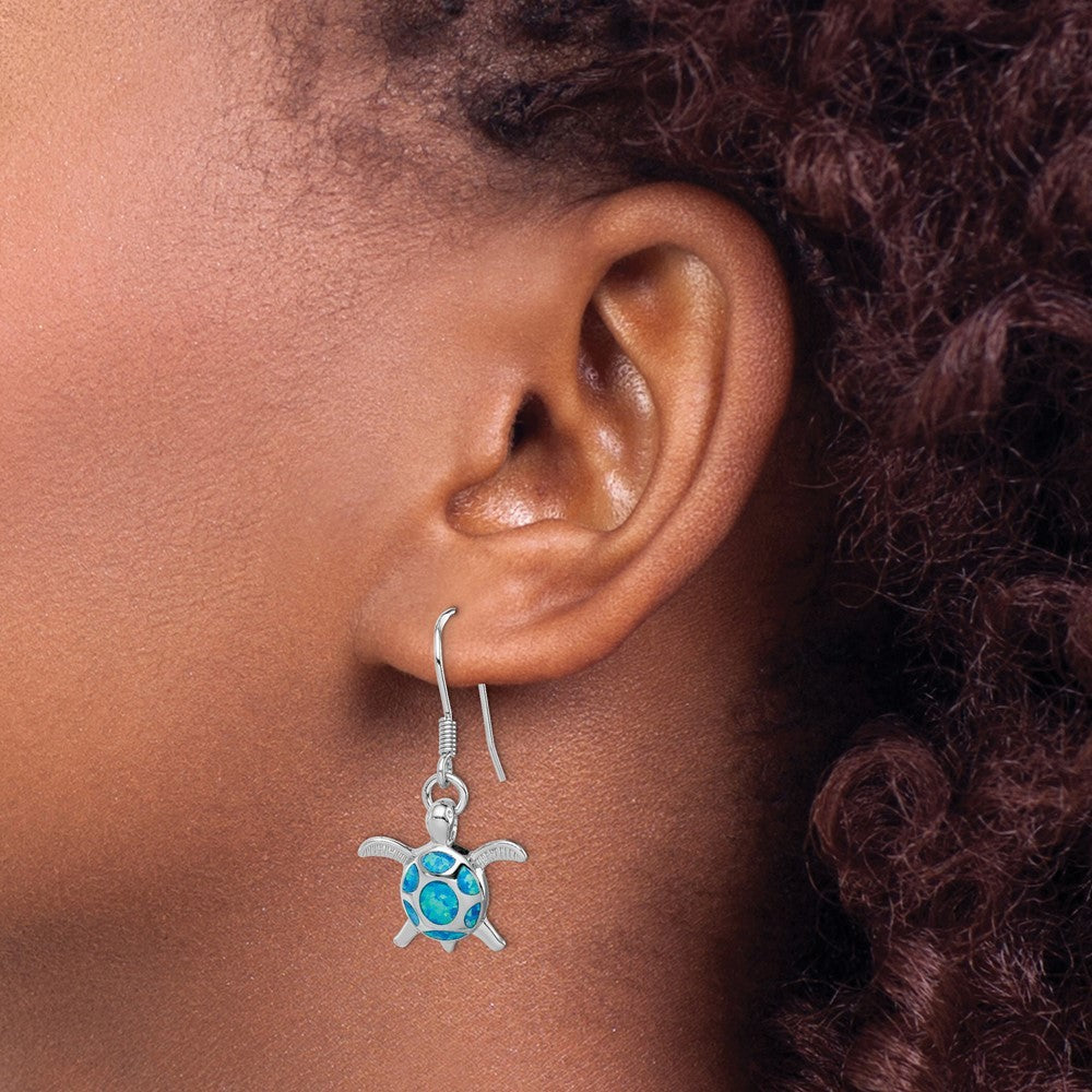Sterling Silver Polished Created Blue Opal Turtle Shepherd Hook Earrings