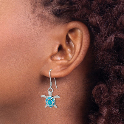 Sterling Silver Polished Created Blue Opal Turtle Shepherd Hook Earrings