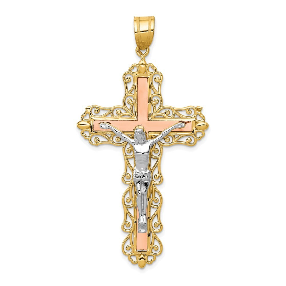 14K Tri-Color Gold Diamond-cut Crucifix Pendant
