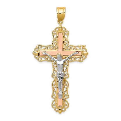14K Tri-Color Gold Diamond-cut Crucifix Pendant