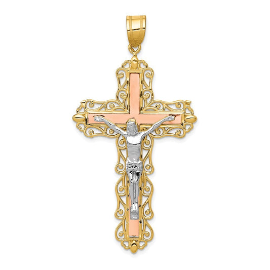14K Tri-Color Gold Diamond-cut Crucifix Pendant