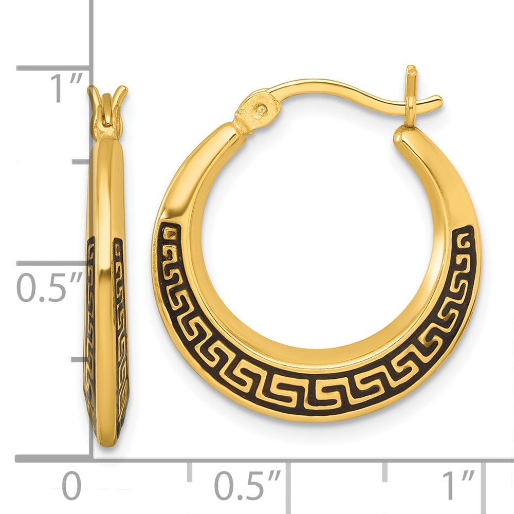 Sterling Silver Polished & Black Enameled Greek Key Hollow Hoop Earrings