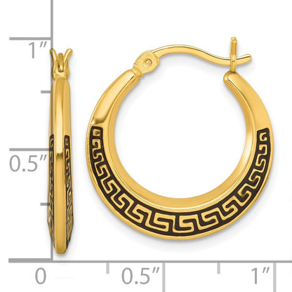 Sterling Silver Polished & Black Enameled Greek Key Hollow Hoop Earrings