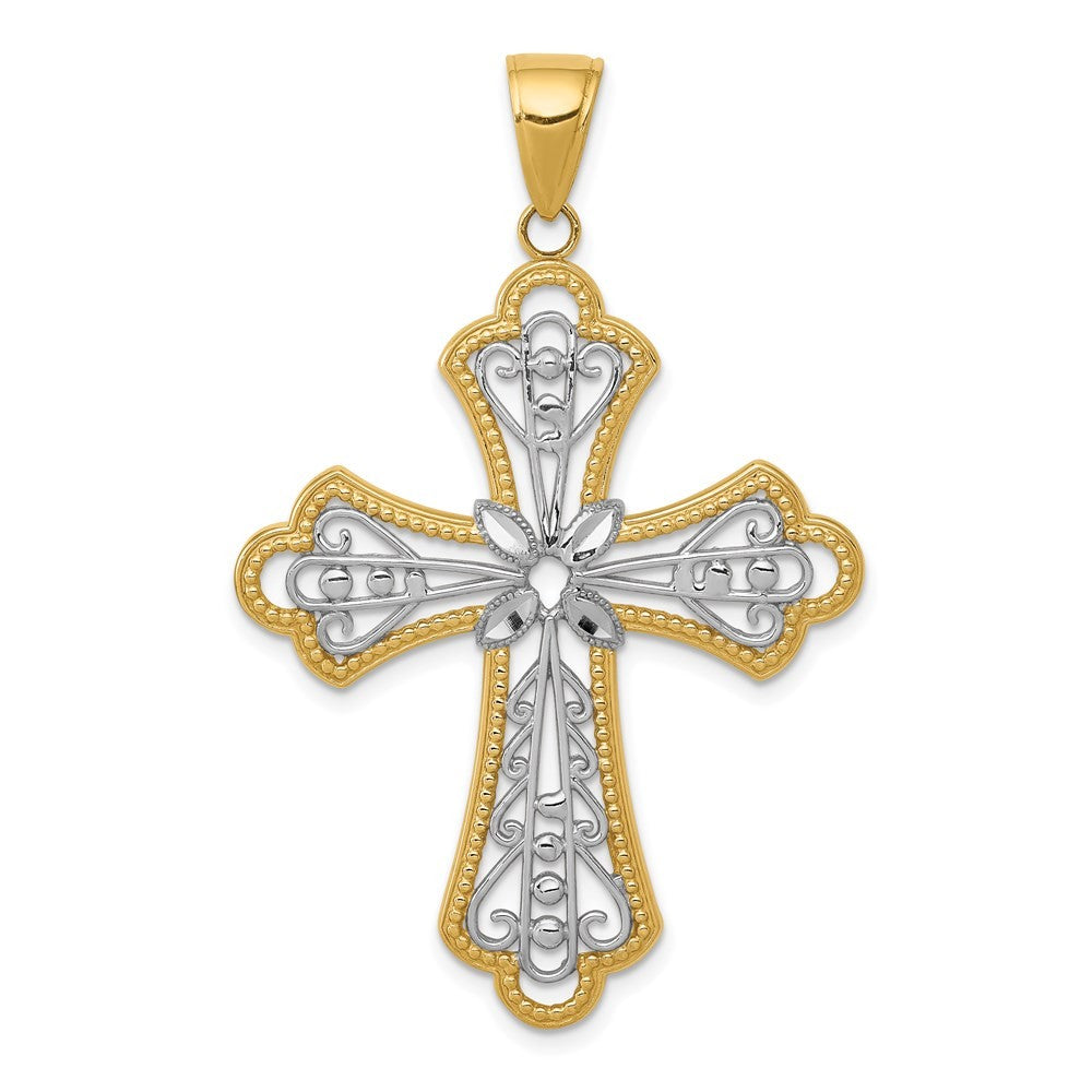 14k Yellow Gold w Rhodium Diamond-cut Filigree Cut-out Cross Pendant