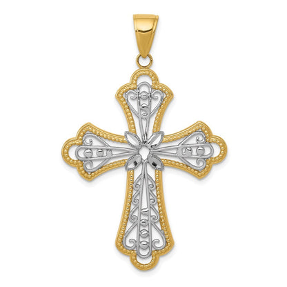 14k Yellow Gold w Rhodium Diamond-cut Filigree Cut-out Cross Pendant