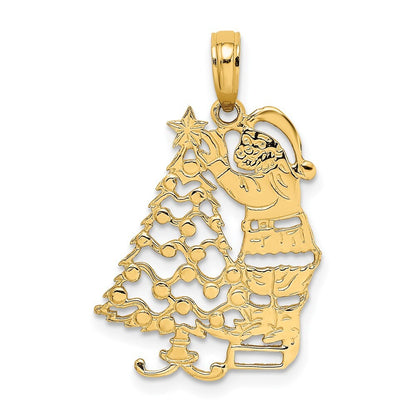 14k Yellow Gold Polished Christmas Tree and Santa Charm Pendant for Women
