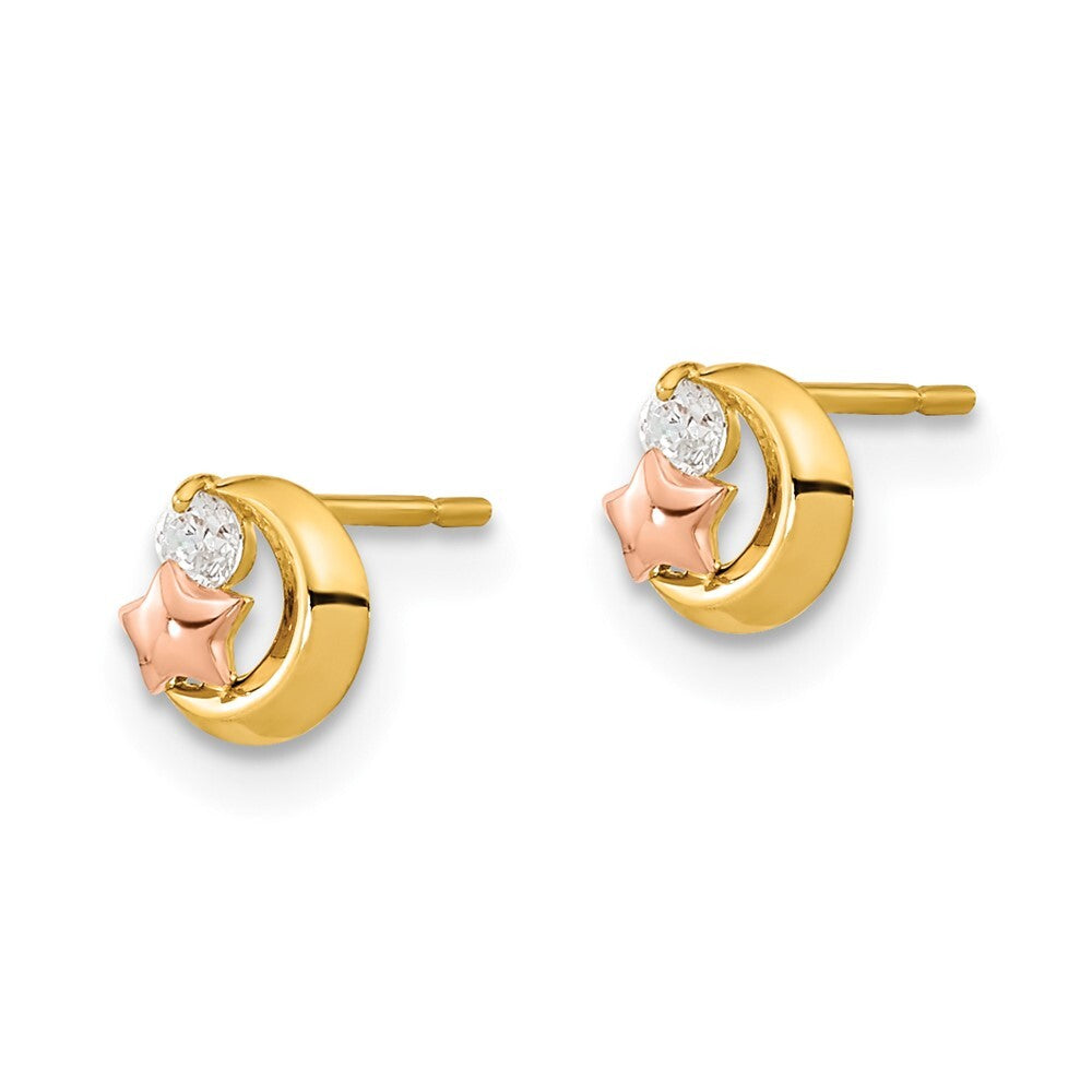 14k Yellow & Rose Gold Cubic Zirconia Moon and Star Stud Earrings