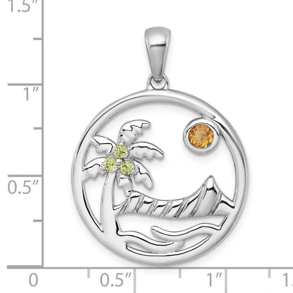 Sterling Silver Polished & Grooved Citrine & Peridot Beach Scene Circle Pendant