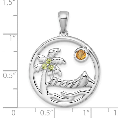Sterling Silver Polished & Grooved Citrine & Peridot Beach Scene Circle Pendant