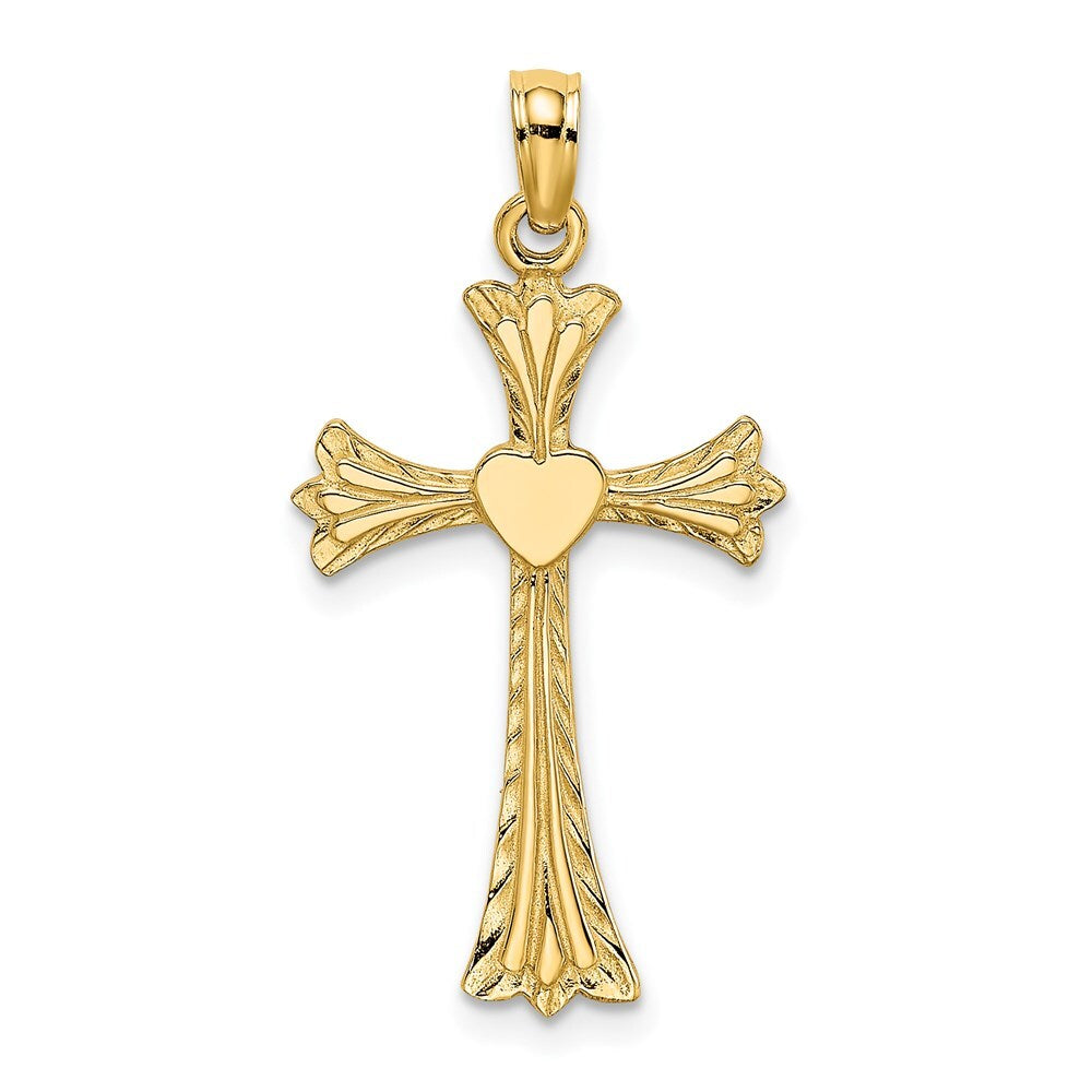 14k Yellow Gold Polished and Engraved Cross  Heart Charm Pendant for Women