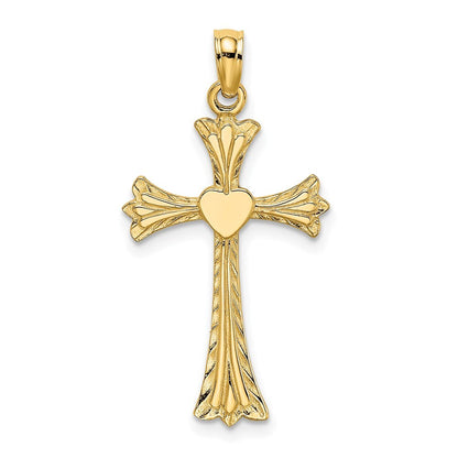 14k Yellow Gold Polished and Engraved Cross  Heart Charm Pendant for Women