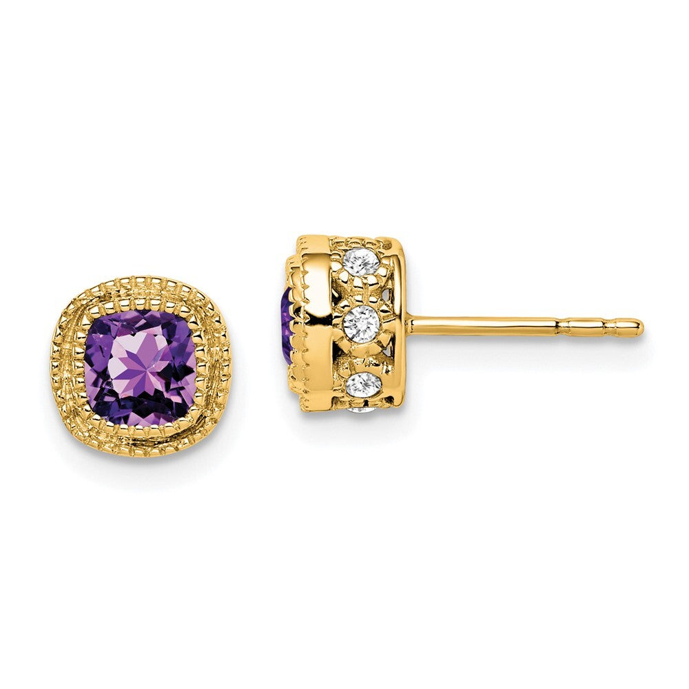 14k Yellow Gold Cushion Amethyst and Diamond Stud Earrings