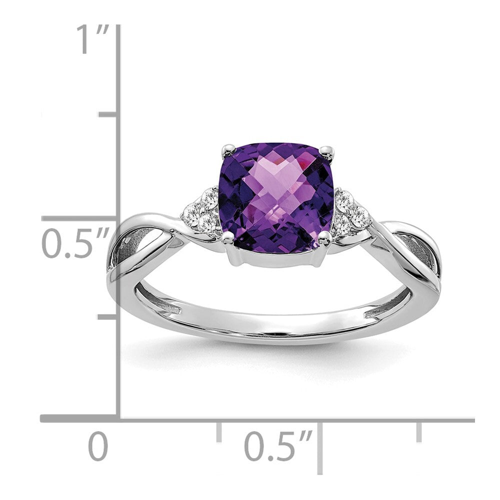 14K White Gold Checkerboard Amethyst and Diamond Ring Size 7