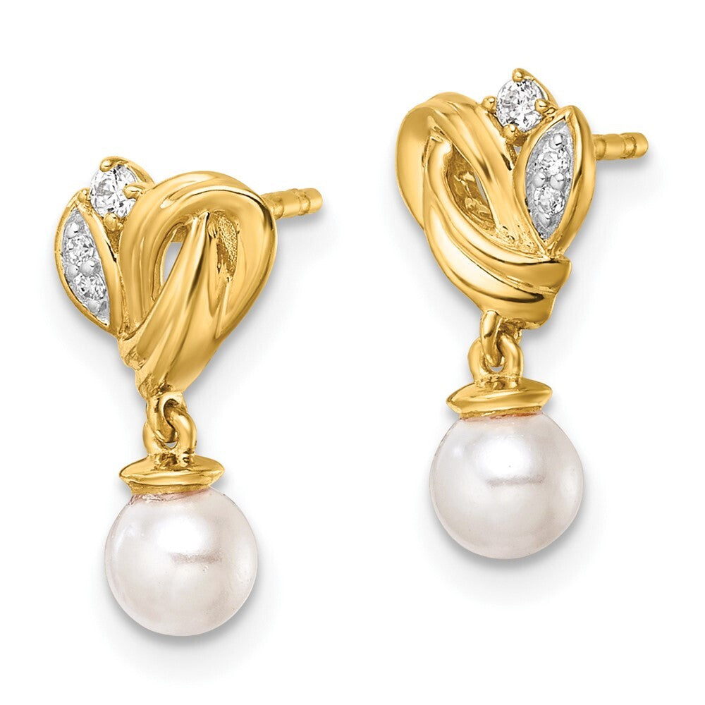 14k Yellow Gold Polished Diamond and Pearl Dangle Earrings