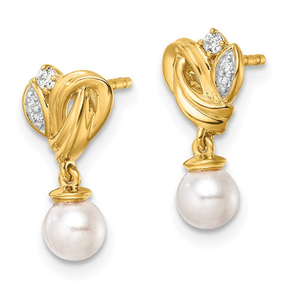 14k Yellow Gold Polished Diamond and Pearl Dangle Earrings