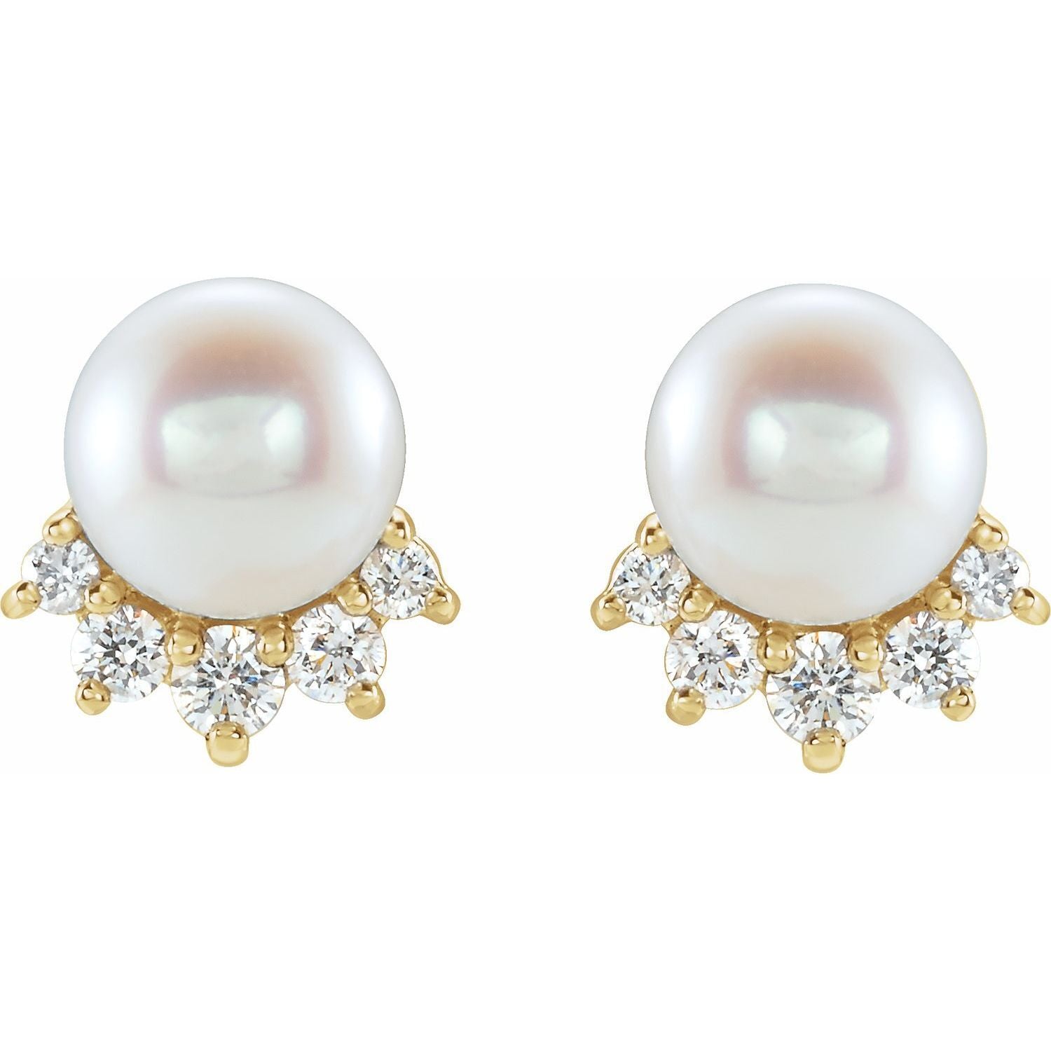 14k Yellow Gold White Freshwater Cultured Pearl & .08Ct Diamond Stud Earrings