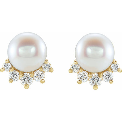 14k Yellow Gold White Freshwater Cultured Pearl & .08Ct Diamond Stud Earrings