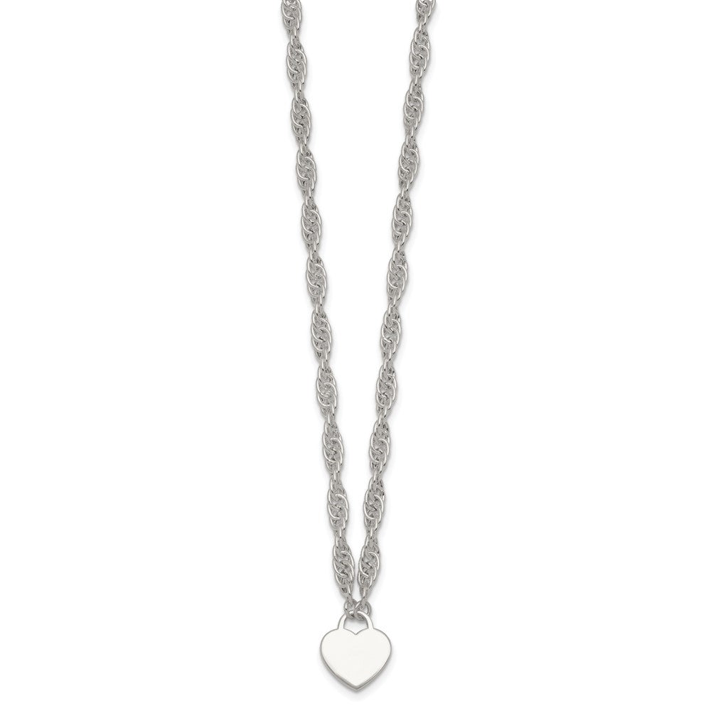 Sterling Silver Polished Fancy Heart Disc on Rope Chain Necklace Necklace 16+2"
