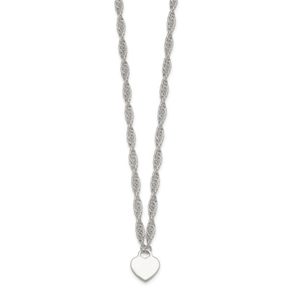 Sterling Silver Polished Fancy Heart Disc on Rope Chain Necklace Necklace 16+2"