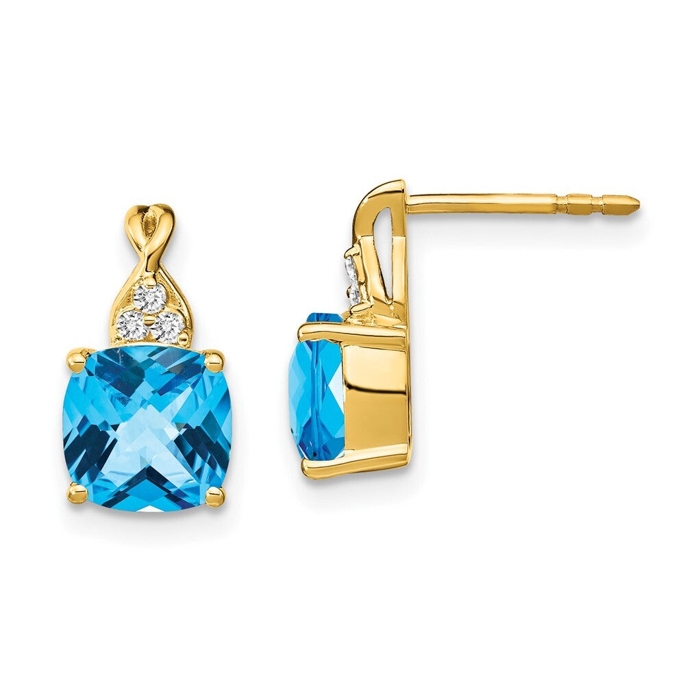 14k Yellow Gold Checkerboard Blue Topaz and Diamond Drop & Dangle Earrings