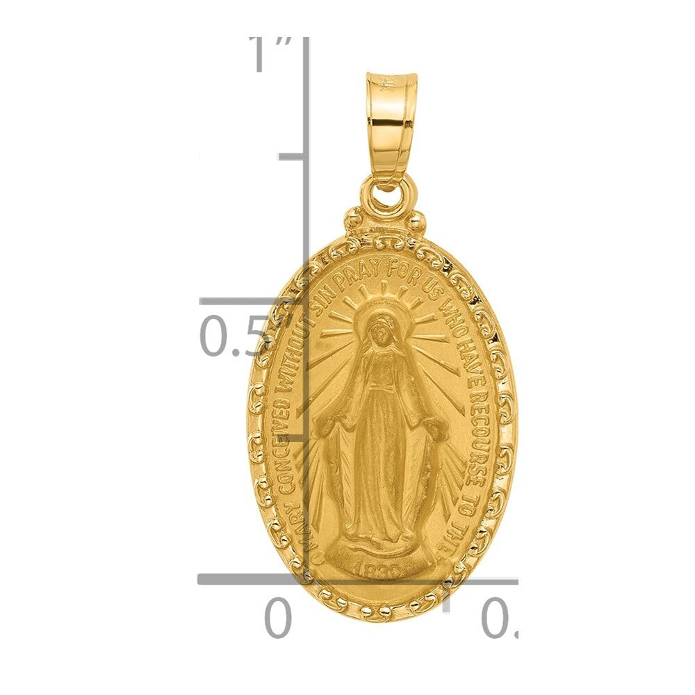 14k Yellow Gold Satin and Polished Miraculous Medal Solid Oval Pendant for Women