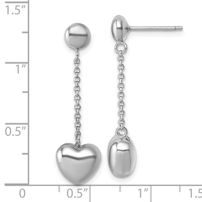 Sterling Silver Rhodium-plated Polished Puffed Heart Dangle Earrings