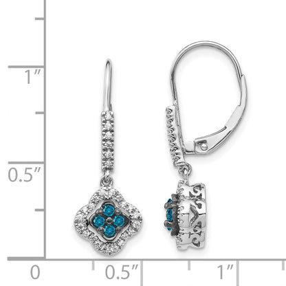 14k White Gold White and Blue Diamond Dangle Leverback Earrings