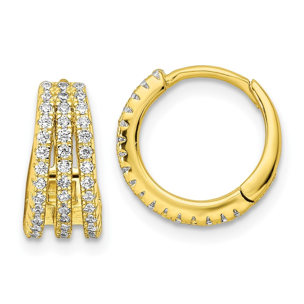 Sterling Silver Gold-tone Polished Triple Row CZ Hinged Hoop Earrings