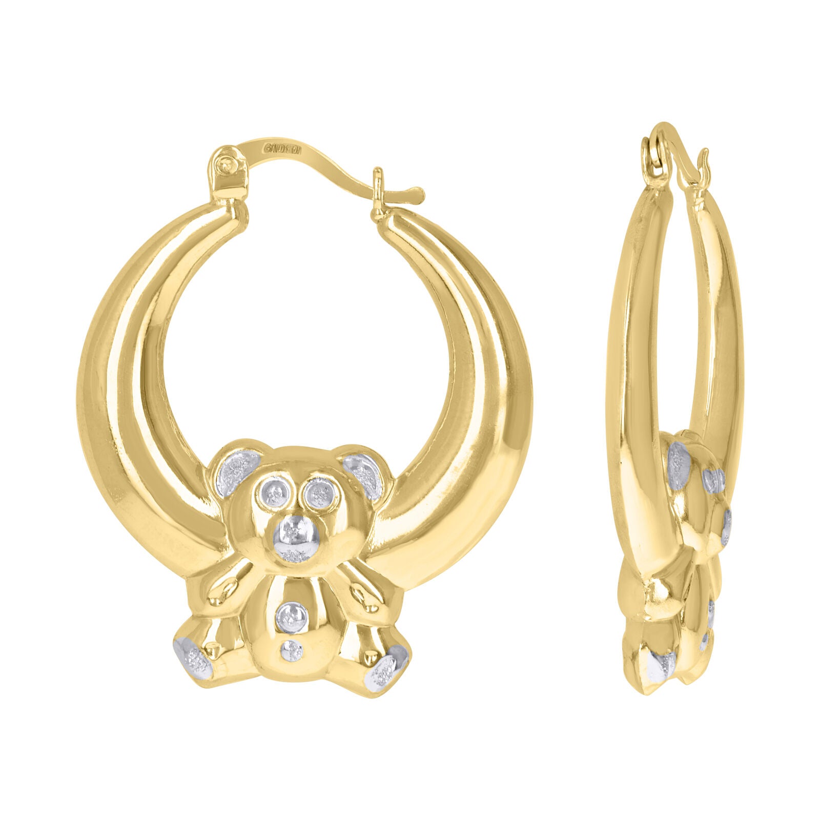 10kt Gold Two-Tone Teddy Bear 29.1mm Hinged Huggie Hoop Earrings