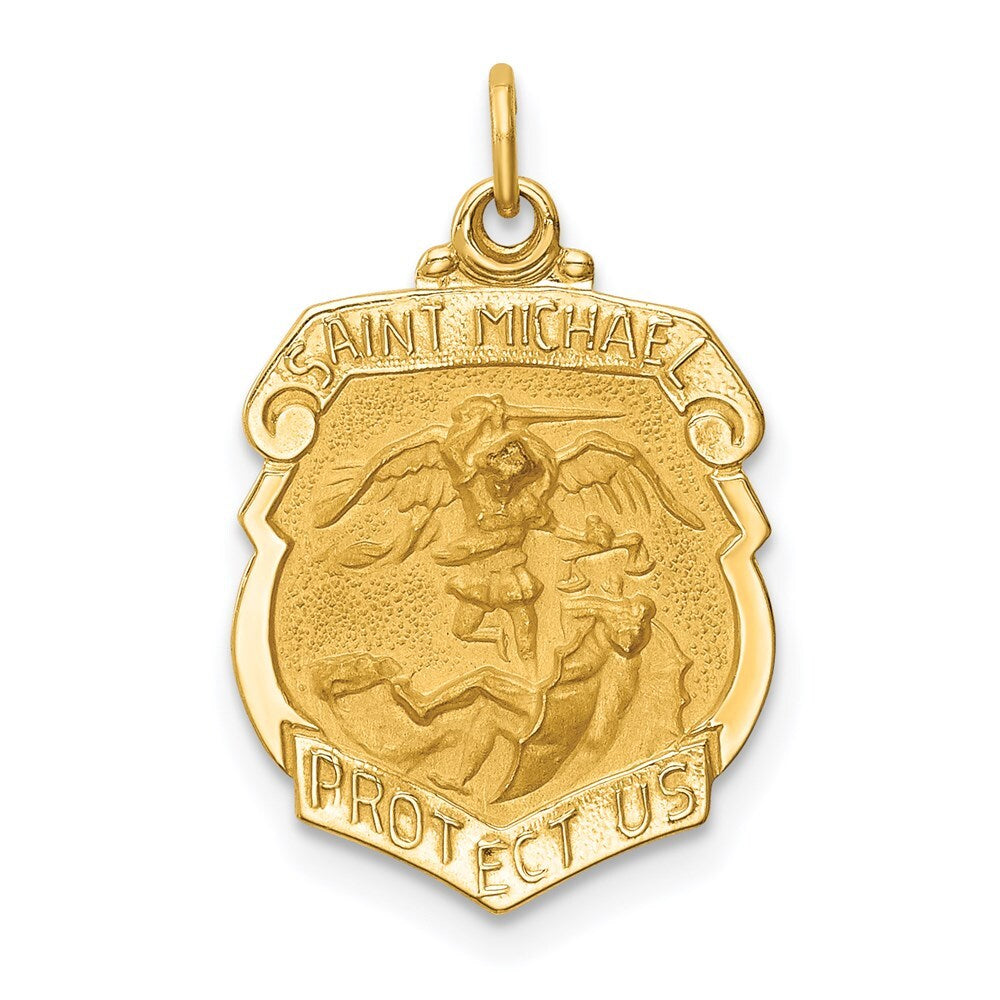 14k Yellow Gold Solid Polished/Satin Small St. Michael Badge Medal Pendant