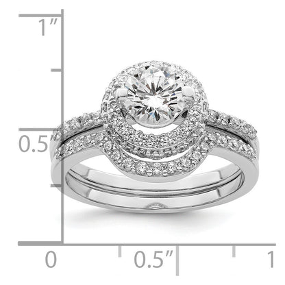 Sterling Silver Rhodium-plated CZ Halo Engagement Ring & Band Set Size 6
