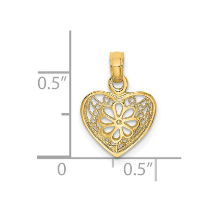 14k Yellow Gold 2-D Filigree Heart with Flower Design Charm