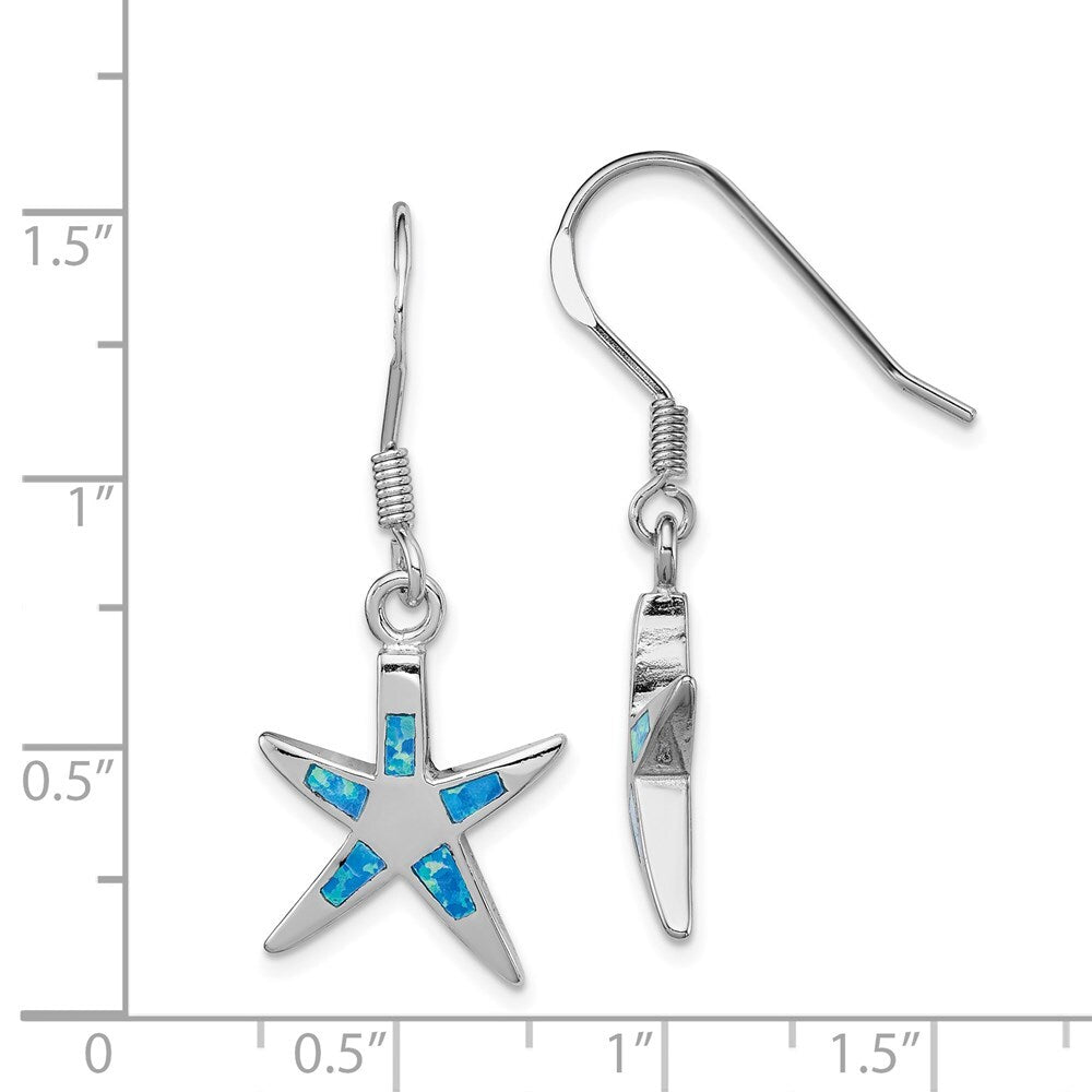 Sterling Silver Polished Created Blue Opal Inlay Starfish Dangle Earrings