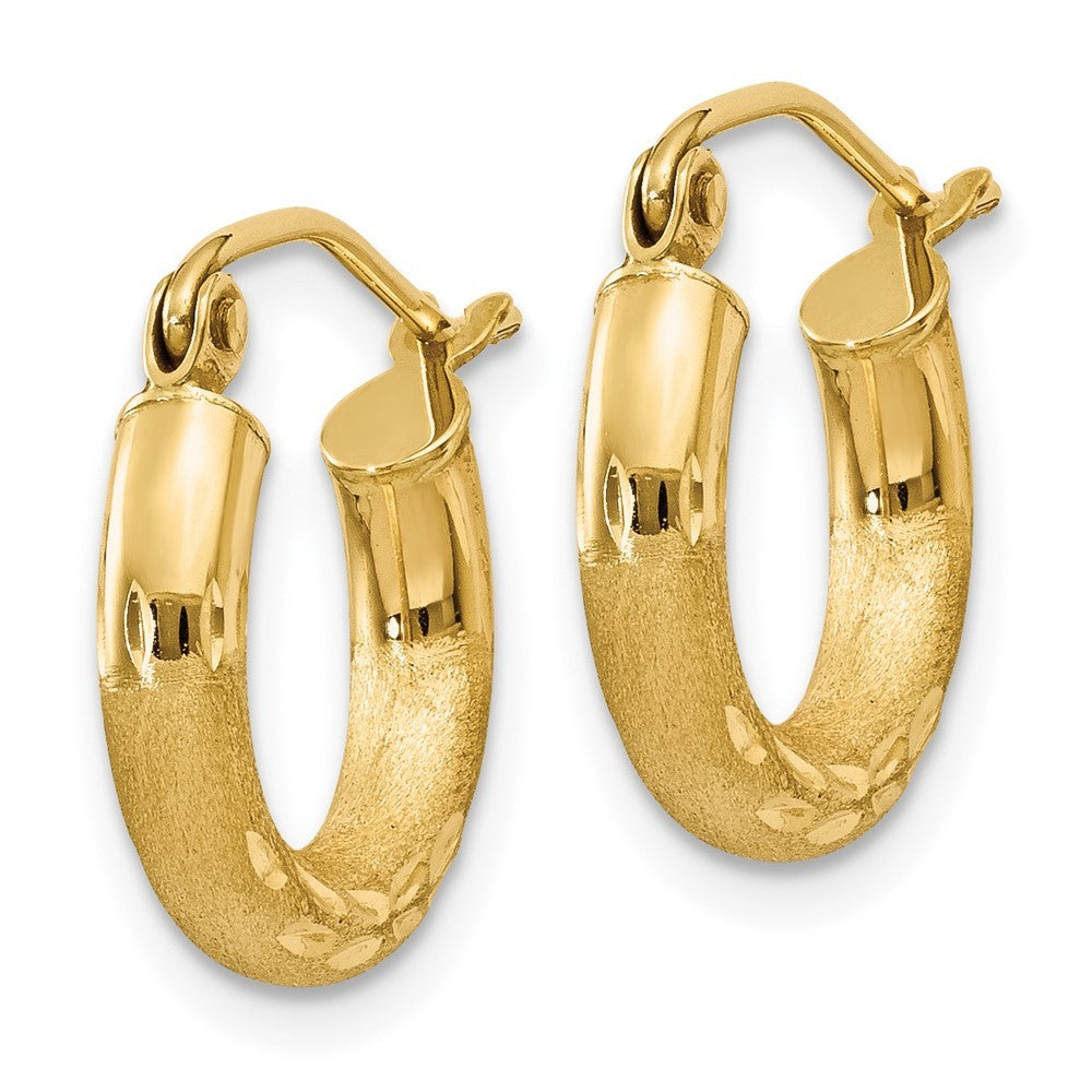 14k Yellow Gold Satin and Diamond-cut 3mm Round Hoop Earrings