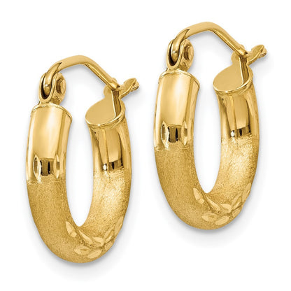 14k Yellow Gold Satin and Diamond-cut 3mm Round Hoop Earrings