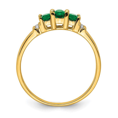 14K Yellow Gold Polished Triple Emerald and Diamond 3-stone Ring Size 7