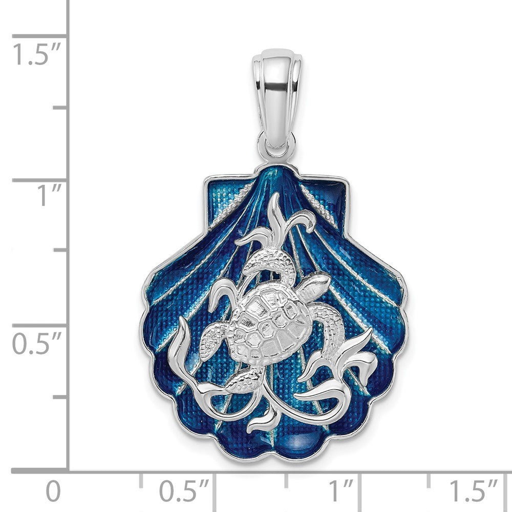 Sterling Silver Rhodium-Plated Enameled Blue Shell with Turtle Pendant