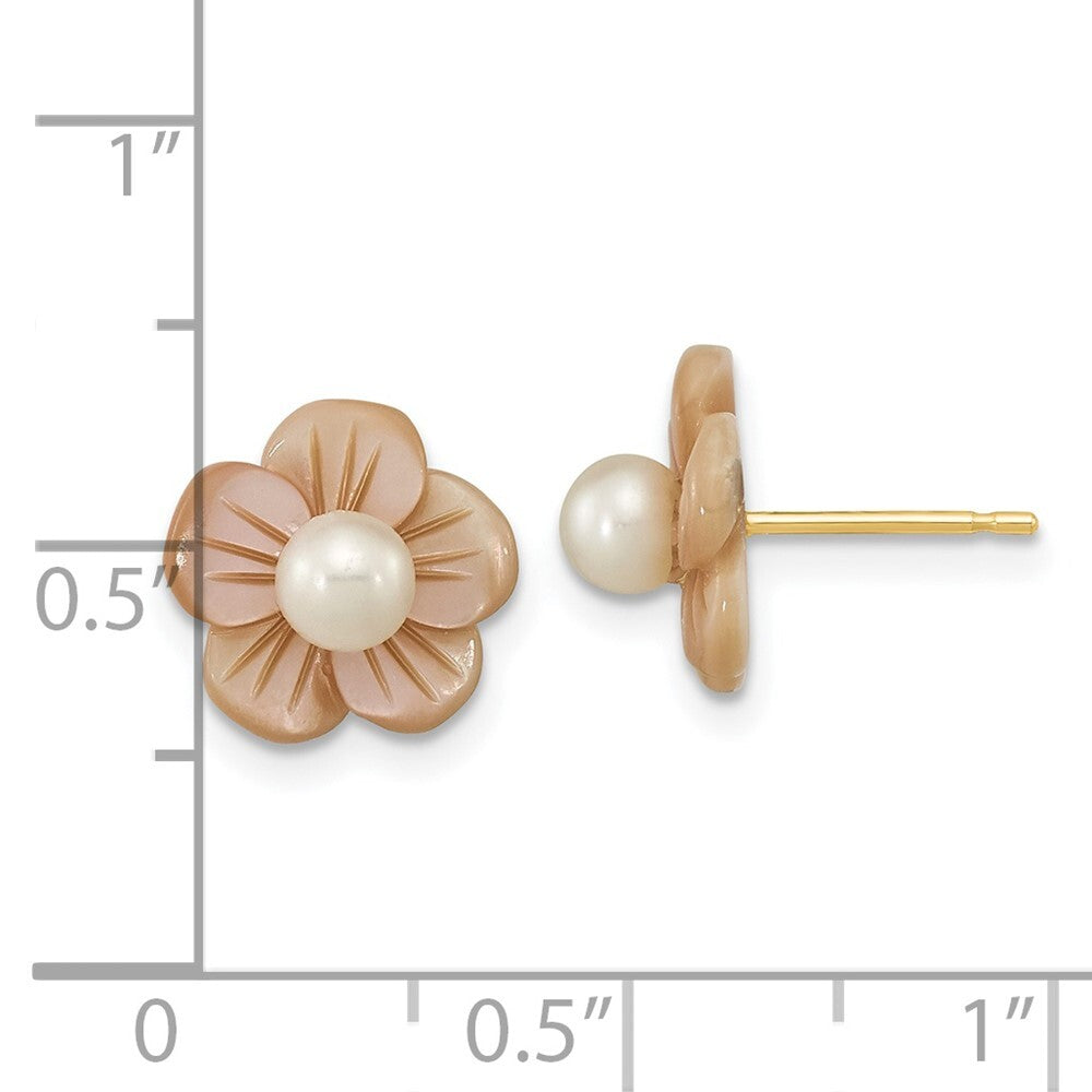 14k Yellow Gold 3-4mm Cultured Pearl & Pink Mother of Pearl Flower Stud Earrings