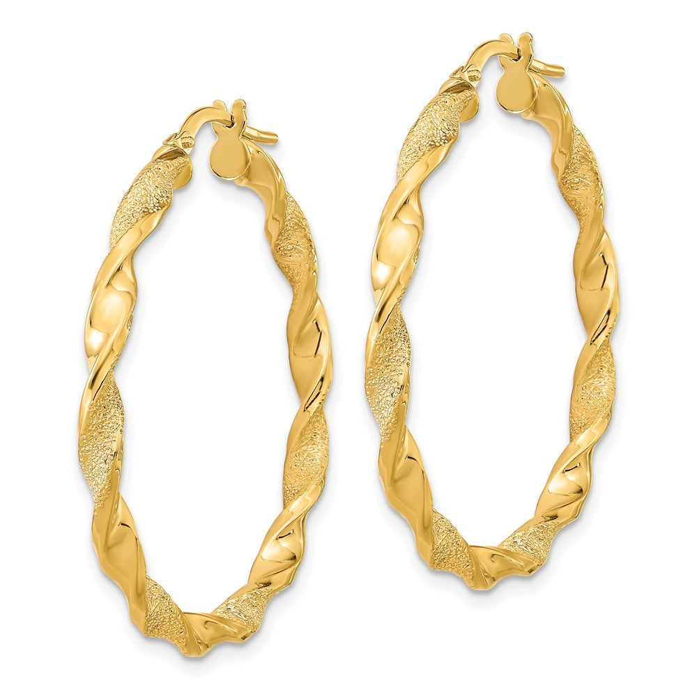 14k Yellow Gold Polished and Textured Twisted Hoop Earrings