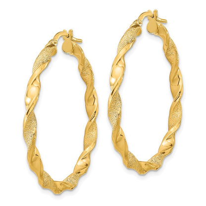 14k Yellow Gold Polished and Textured Twisted Hoop Earrings