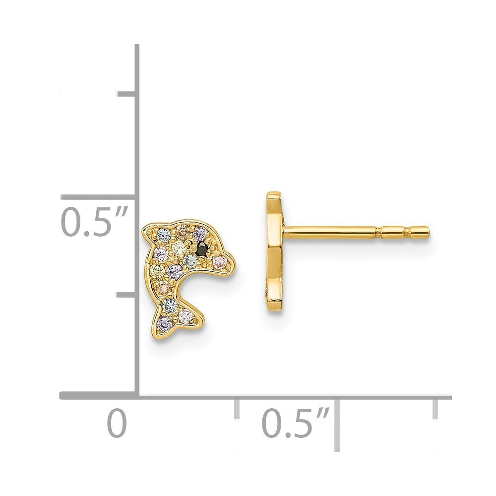 14k Yellow Gold Multi-colored Cubic Zirconia Dolphin Stud Earrings