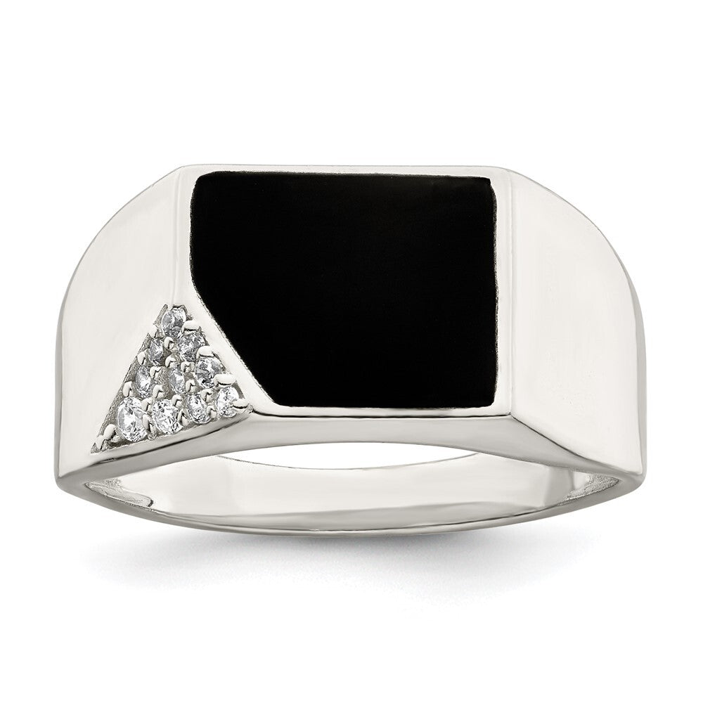 Sterling Silver Black Enameled and CZ Mens Ring Size 10
