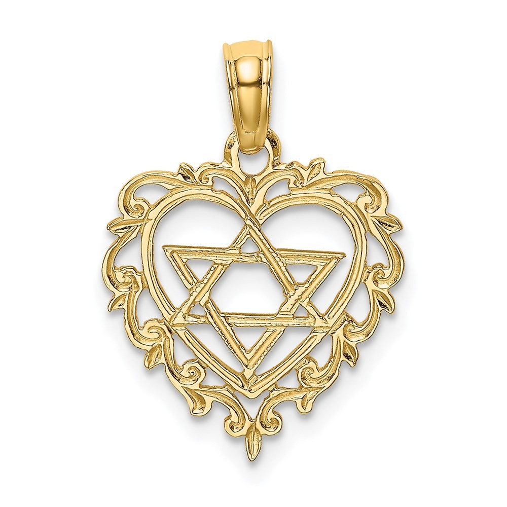 14k Yellow Gold Textured Star Of David In Heart Charm