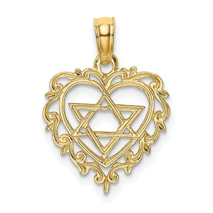 14k Yellow Gold Textured Star Of David In Heart Charm
