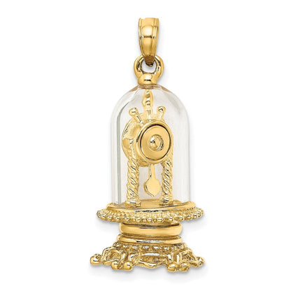 14k Yellow Gold w Enamel 3-D Moveable Clock In Glass Dome Charm