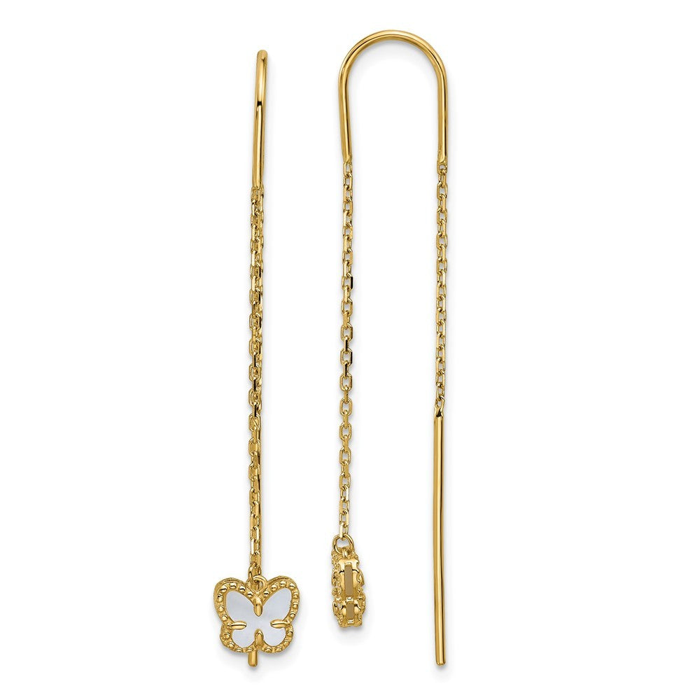 14k Yellow Gold Polished Mother of Pearl Butterfly Cable Chain Threader Earrings