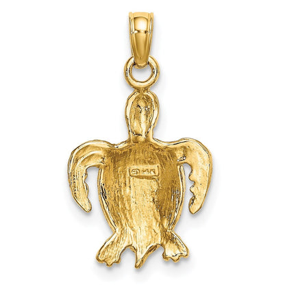 14k Yellow Gold with White Rhodium Swimming Sea Turtle Charm Pendant for Women