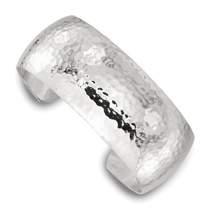 Sterling Silver Polished 25mm Domed Hammered Cuff Bangle