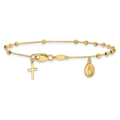 14k Yellow Gold  and Diamond-cut Miraculous Medal and Cross 7.5" Rosary Bracelet
